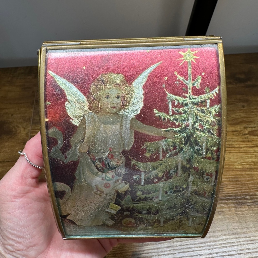 Vintage Angel Christmas Tree Glass Trinket Box Mirrored Keepsake Brass Tone Deco